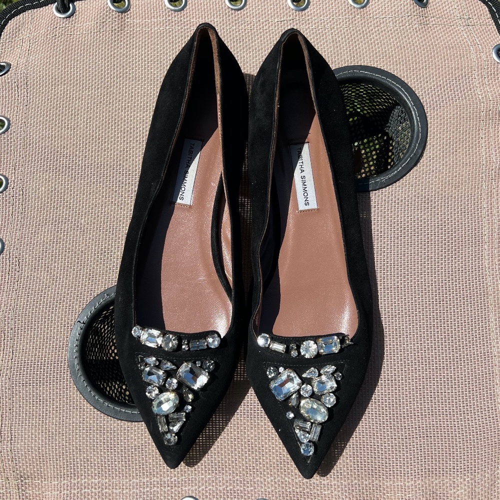 Tabitha Simmons black suede and rhinestone flat ballet shoes.